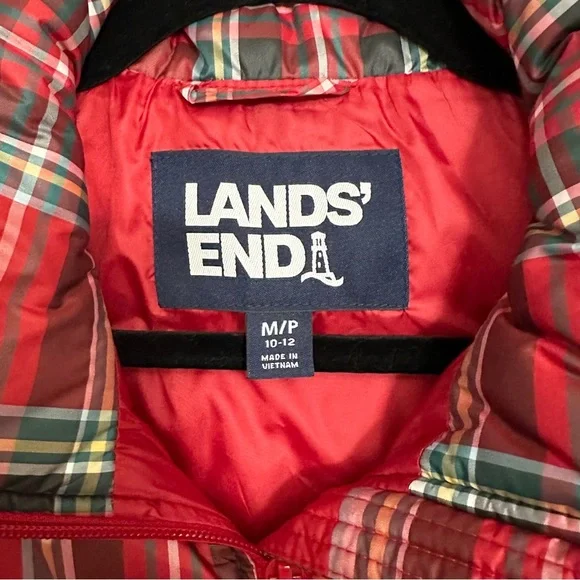 Lands' End Women's Plaid Print Red Puffer Vest Sleeveless Jacket sz M/P 10-12 - Picture 3 of 9